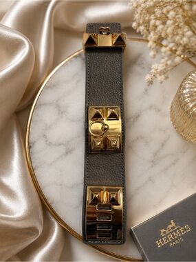 Gray Leather Cuff Bracelet with Gold Stud Hardware | Designer-Inspired Cuff